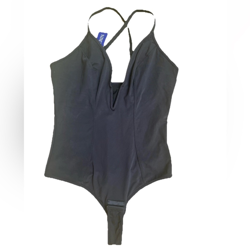 NWT Shaperin Black Plunge Neck Shapewear Suit Thong with Crotch Closure XL